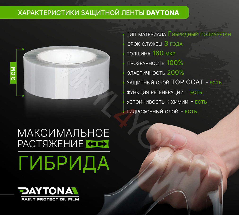Защитная лента гибридный полиуретан DAYTONA PPF H300 ширина 3см (длина 5 м)